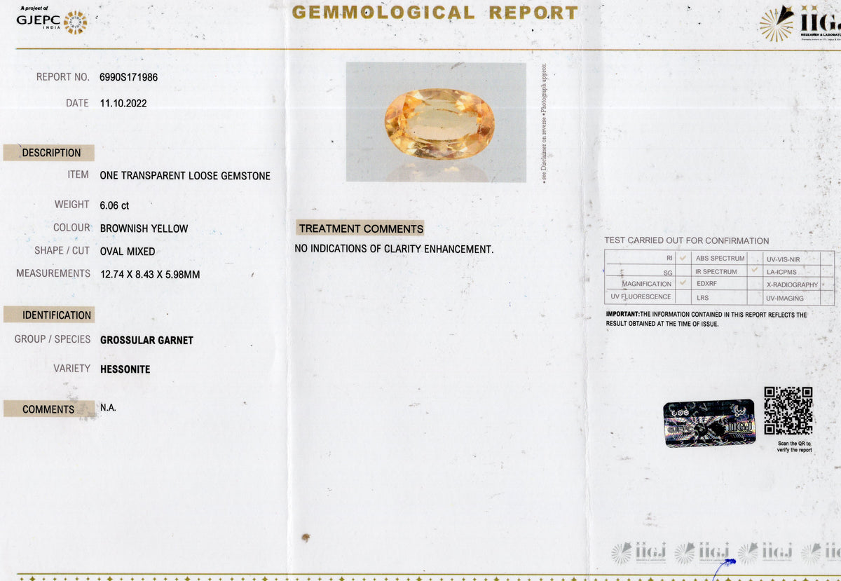 Natural Hessonite (Gomed) 6.06 Carats / 6.66 Ratti