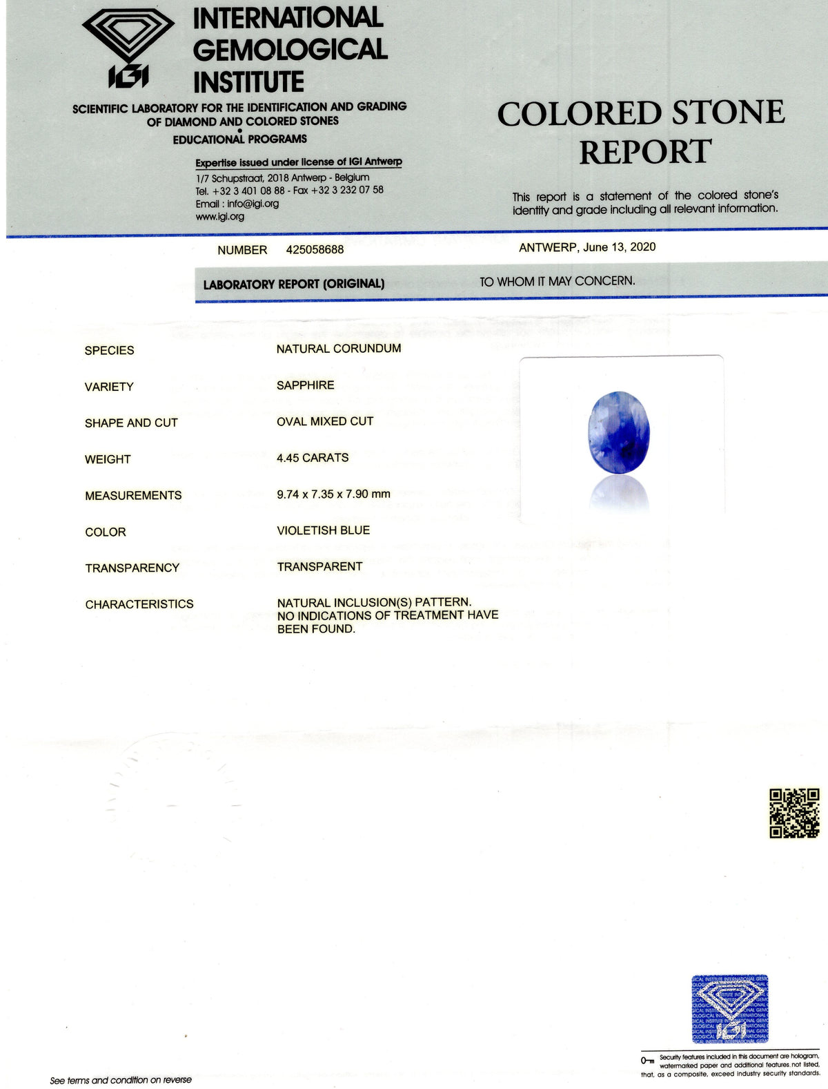 Kashmir Blue Sapphire 4.45 Carats / 4.89 Ratti