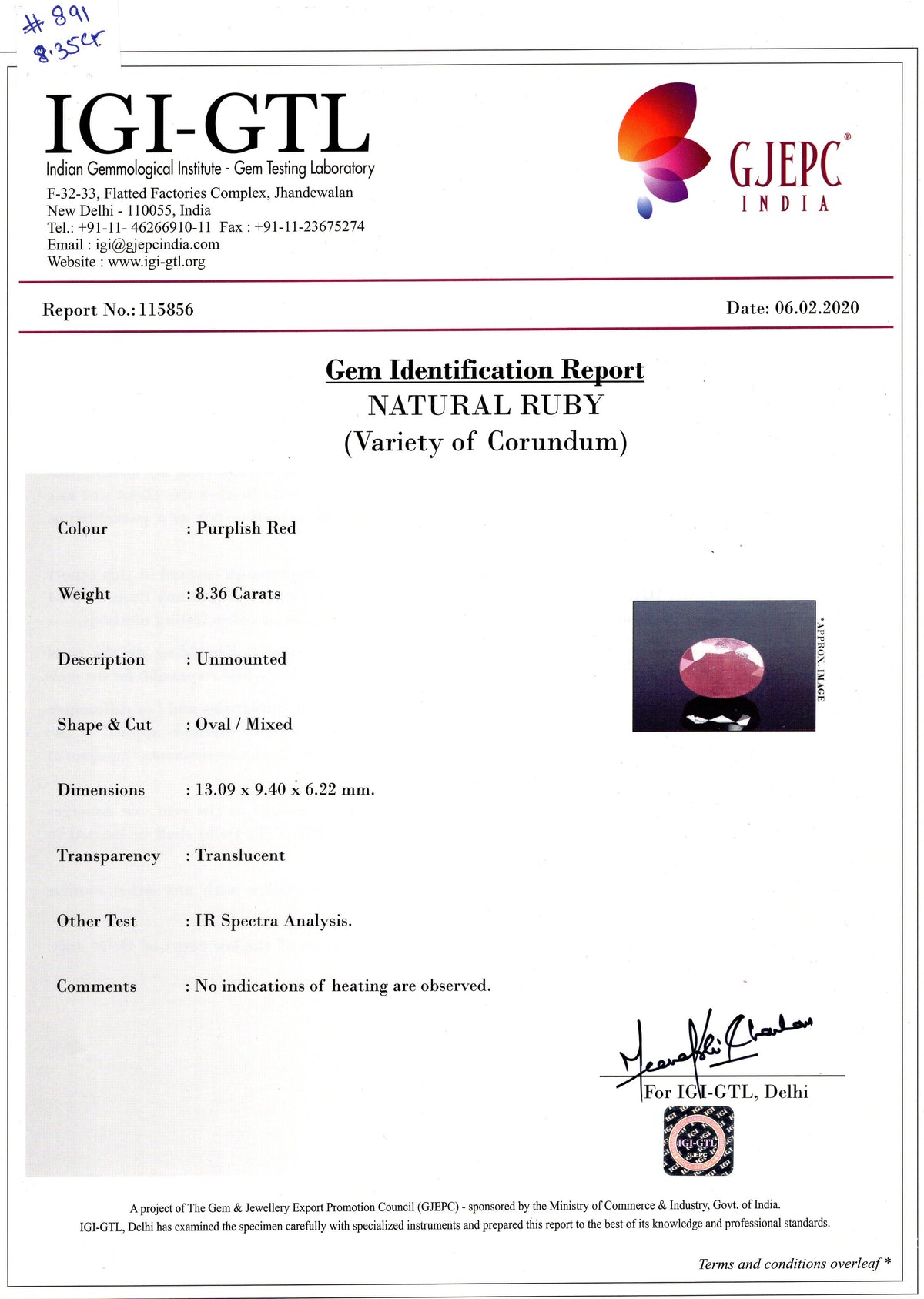 African Ruby (Manik) 8.36 Carats / 9.19 Ratti