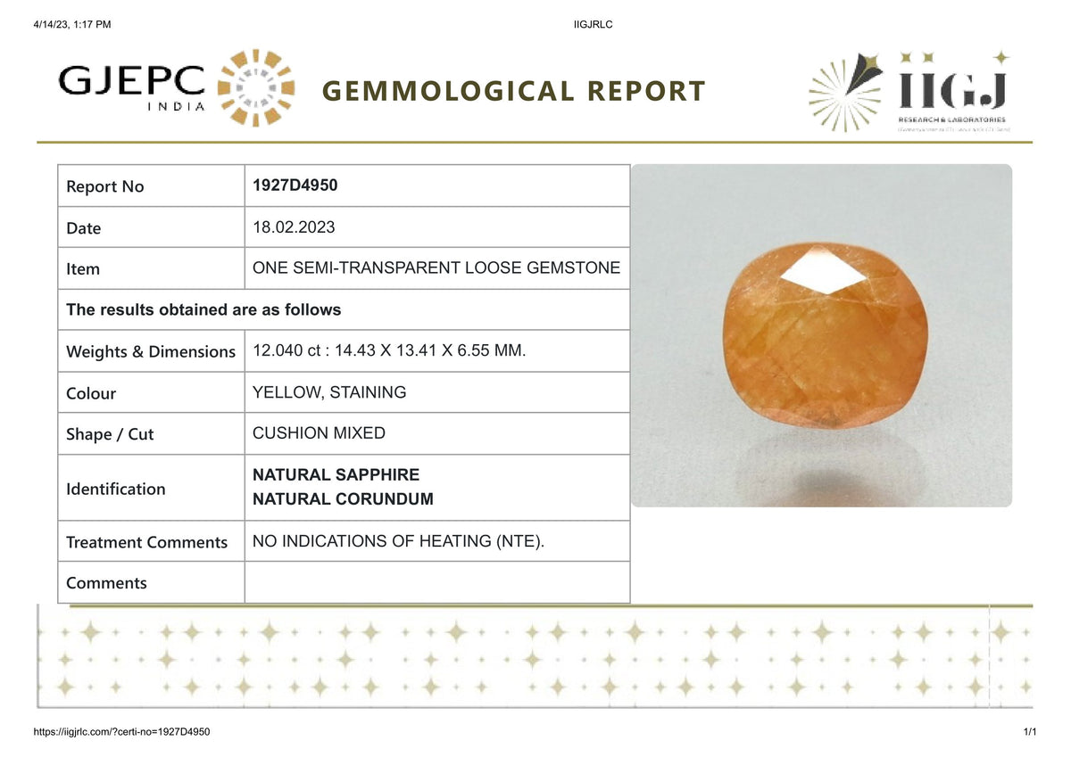 Natural Yellow Sapphire 12.04 Carats / 13.23 Ratti