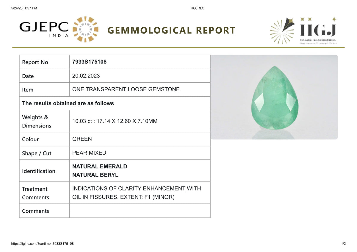 Minor Oil Zambian Emerald 10.03 Carats / 11.02 Ratti