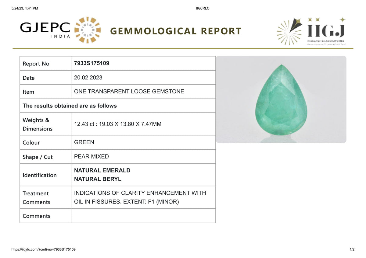 Minor Oil Zambian Emerald 12.43 Carats / 13.66 Ratti
