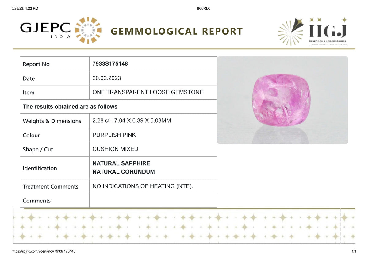 Natural Pink Sapphire 2.28 Carats / 2.51 Ratti