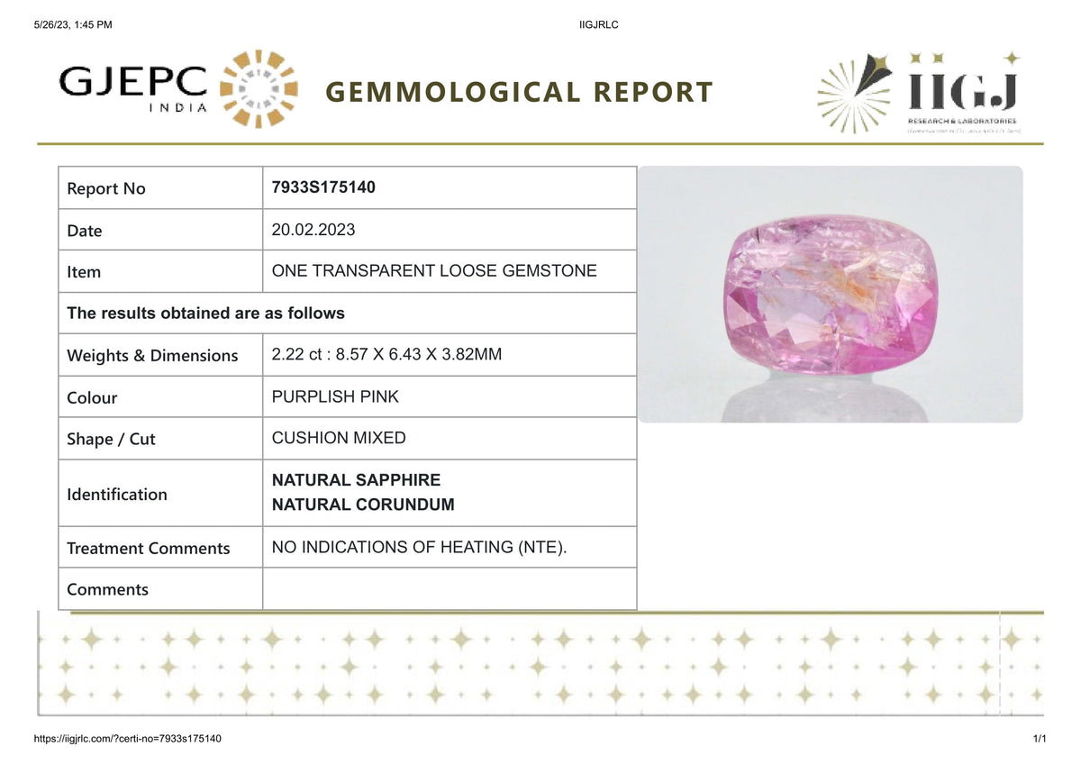 Natural Pink Sapphire 2.22 Carats / 2.44 Ratti