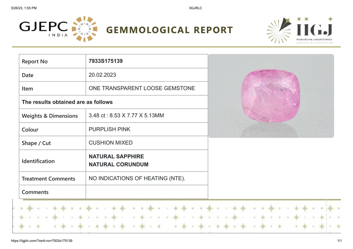Natural Pink Sapphire 3.48 Carats / 3.82 Ratti