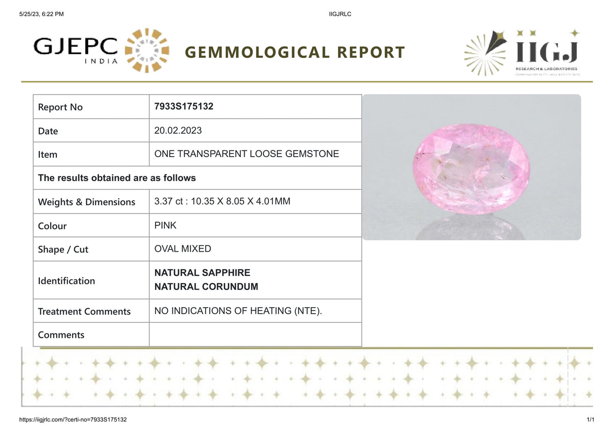 Natural Pink Sapphire 3.37 Carats / 3.7 Ratti