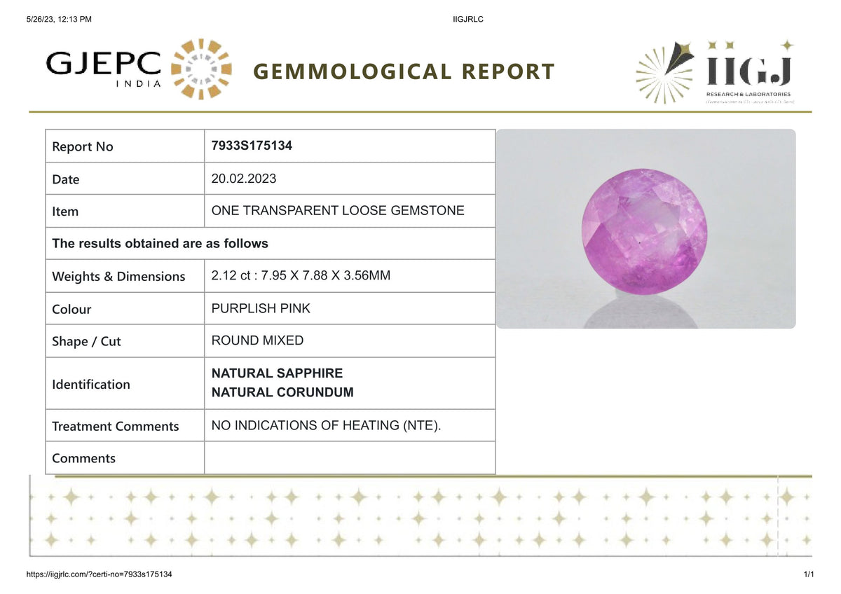 Natural Pink Sapphire 2.12 Carats / 2.33 Ratti