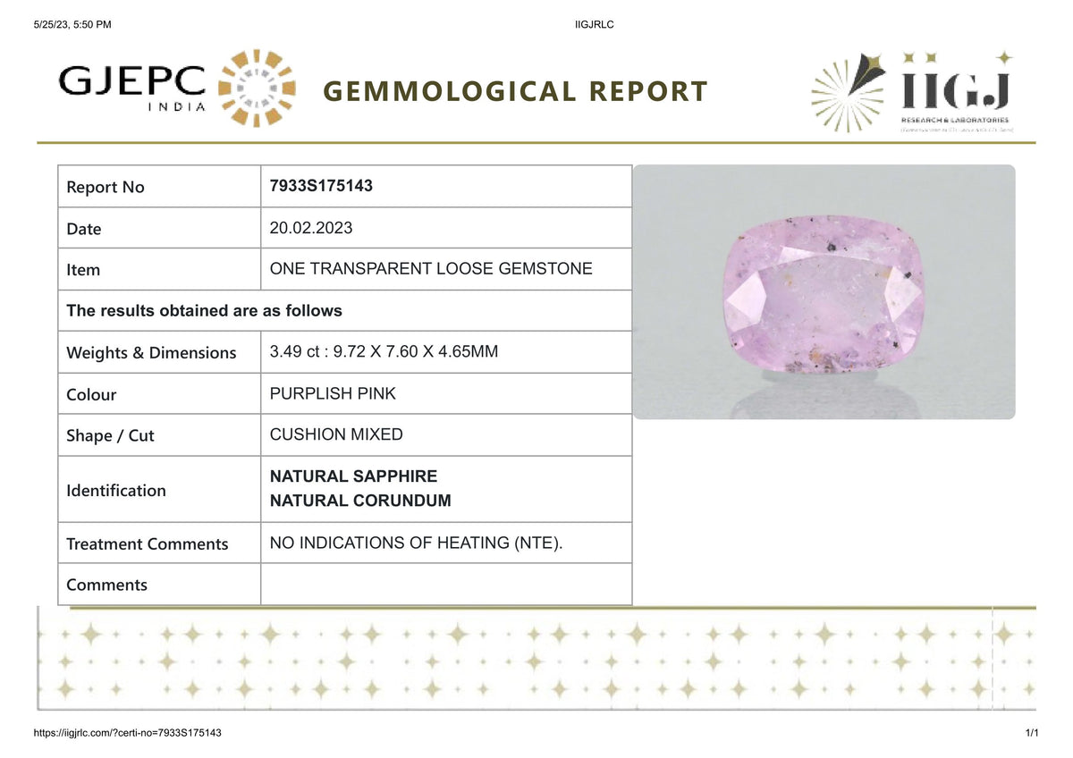 Natural Pink Sapphire 3.49 Carats / 3.84 Ratti