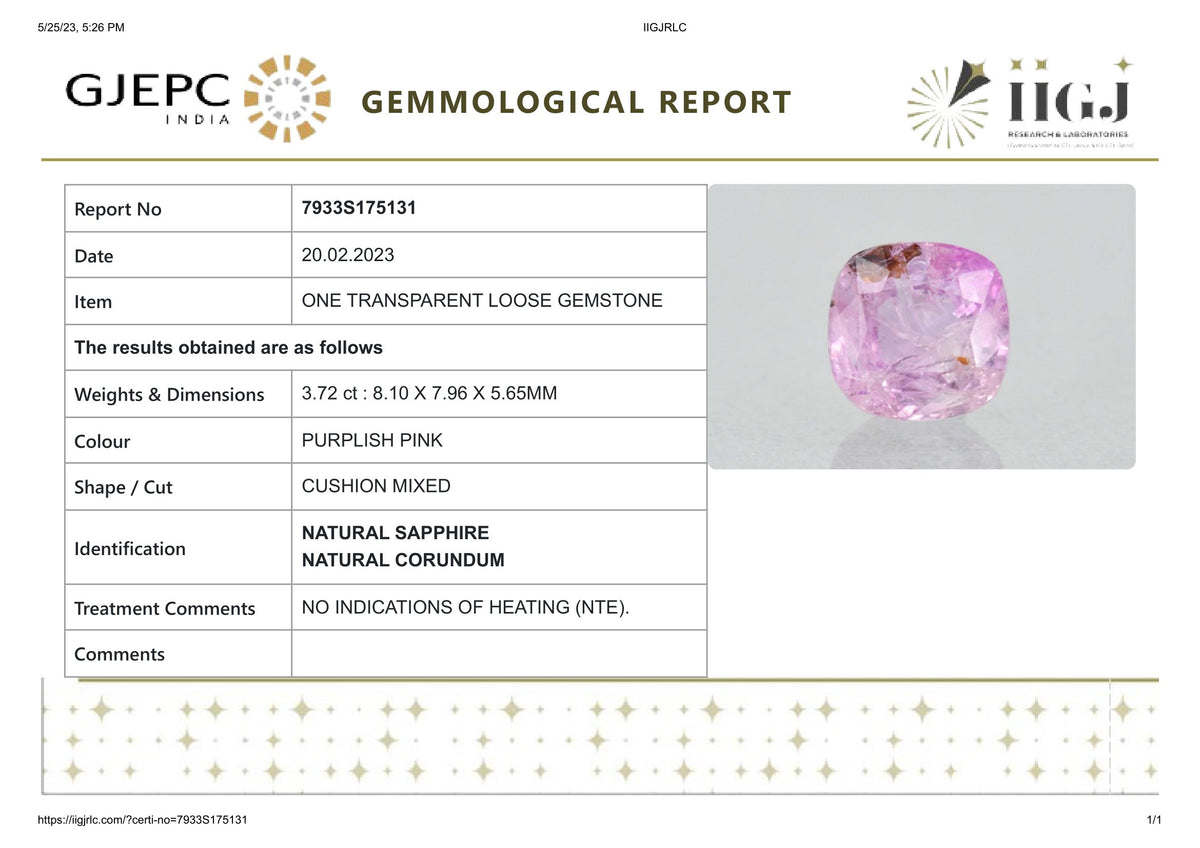 Natural Pink Sapphire 3.72 Carats / 4.09 Ratti