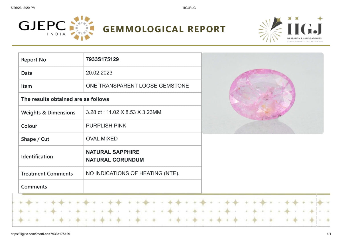Natural Pink Sapphire 3.28 Carats / 3.6 Ratti