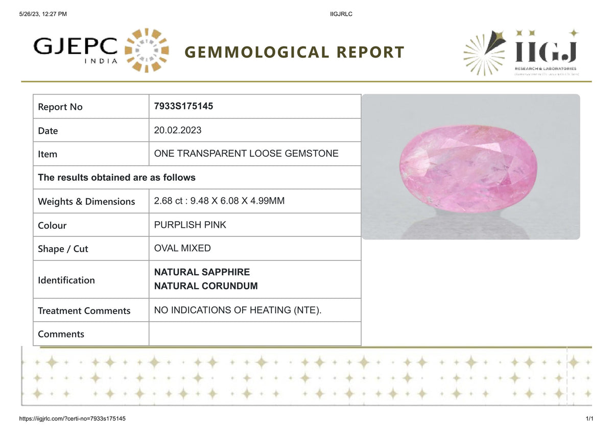 Natural Pink Sapphire 2.68 Carats / 2.95 Ratti