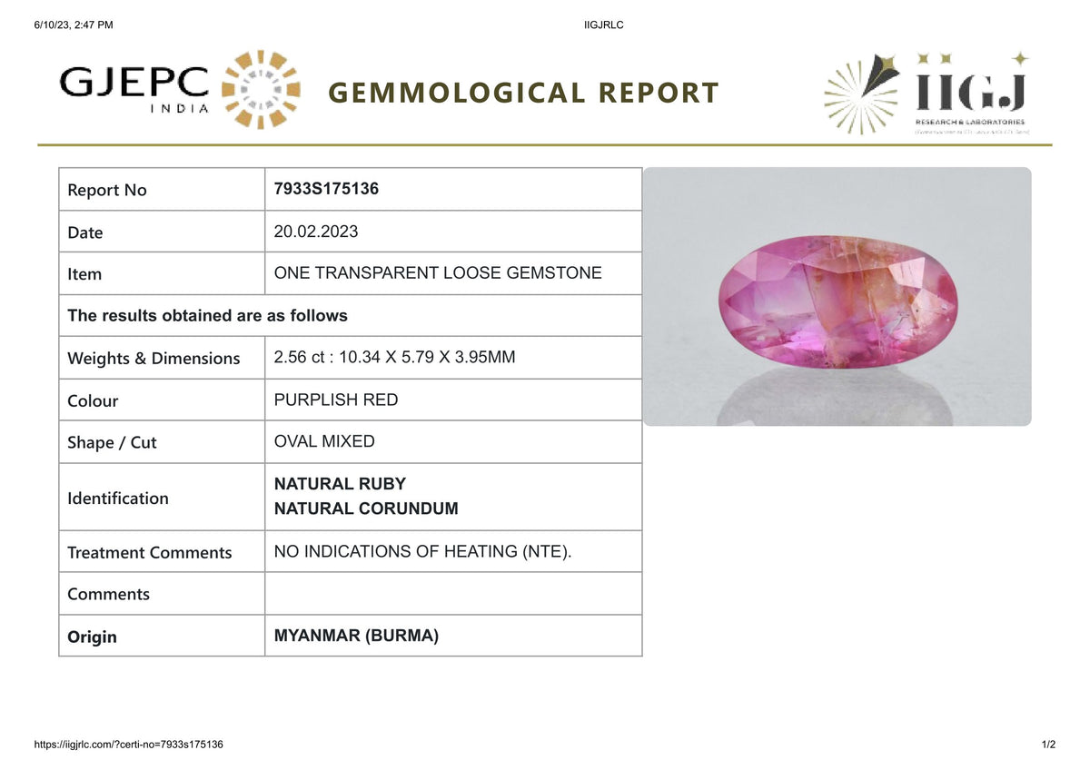 Burmese Ruby (Manik) 2.56 Carats / 2.81 Ratti
