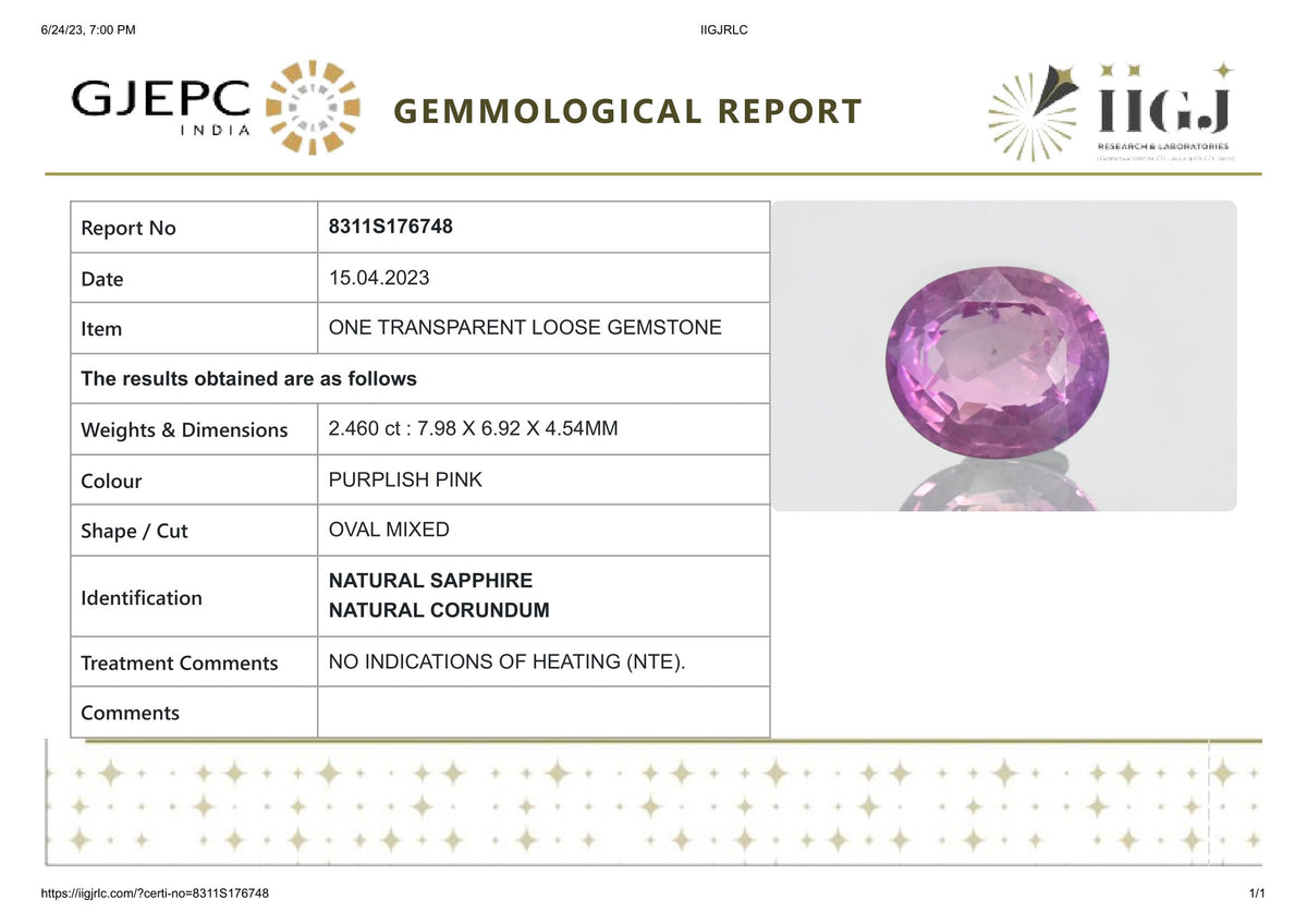 Natural Pink Sapphire 2.46 Carats / 2.7 Ratti