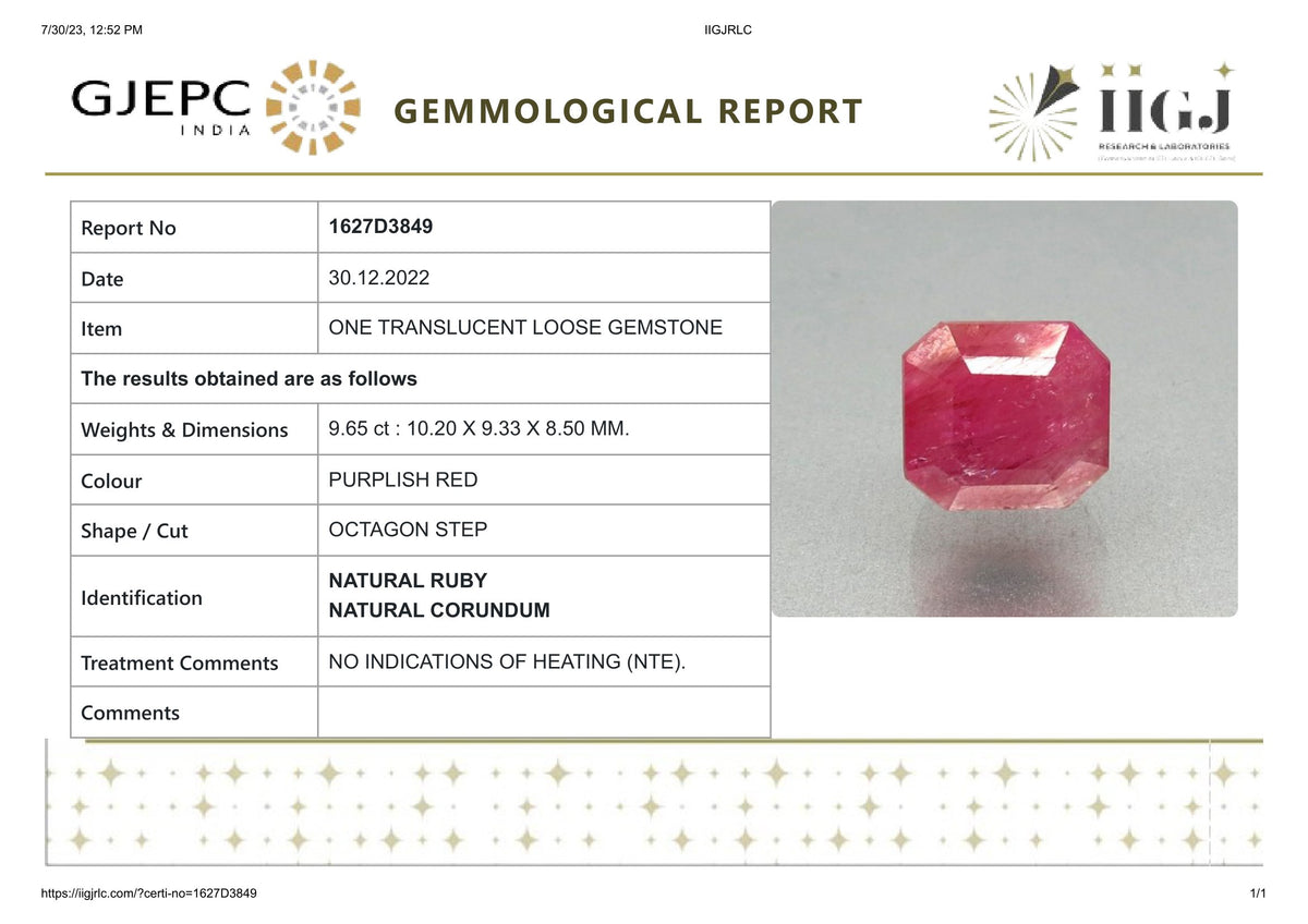 Burmese Ruby (Manik) 9.65 Carats / 10.6 Ratti