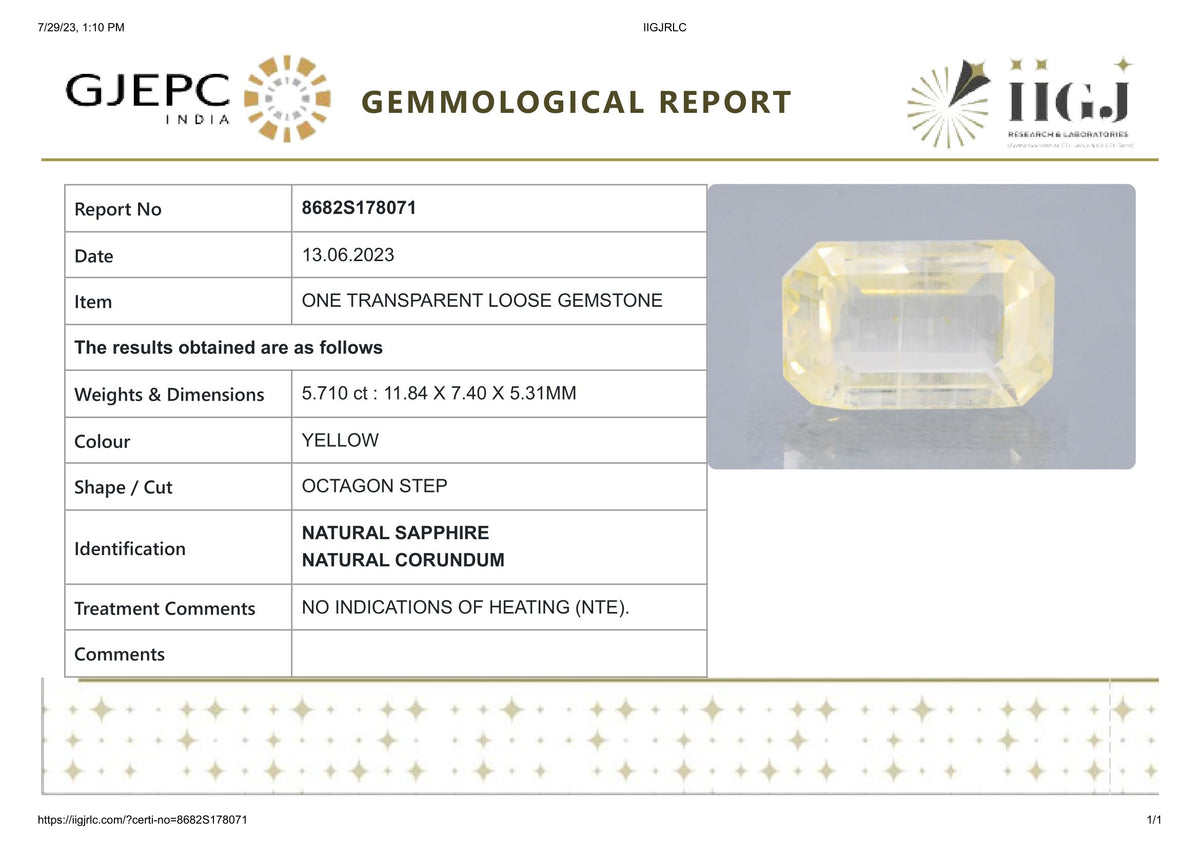 Natural Yellow Sapphire 5.71 Carats / 6.27 Ratti
