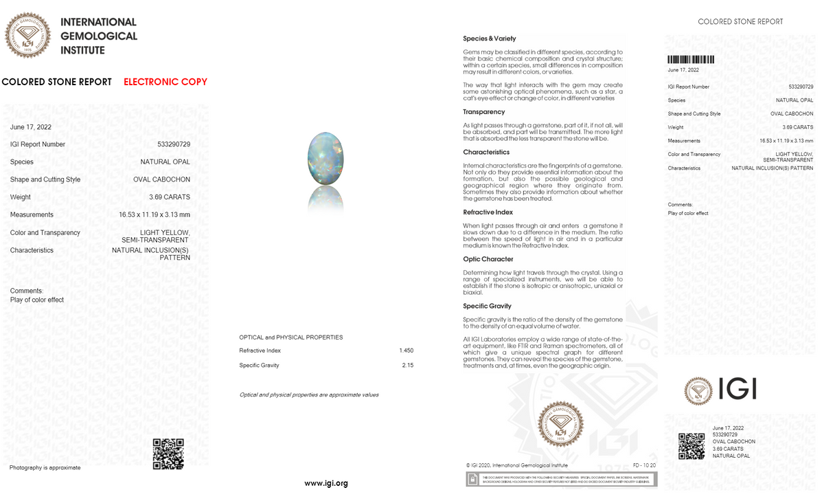 White Opal With Fire 3.69 Carats / 4.05 Ratti