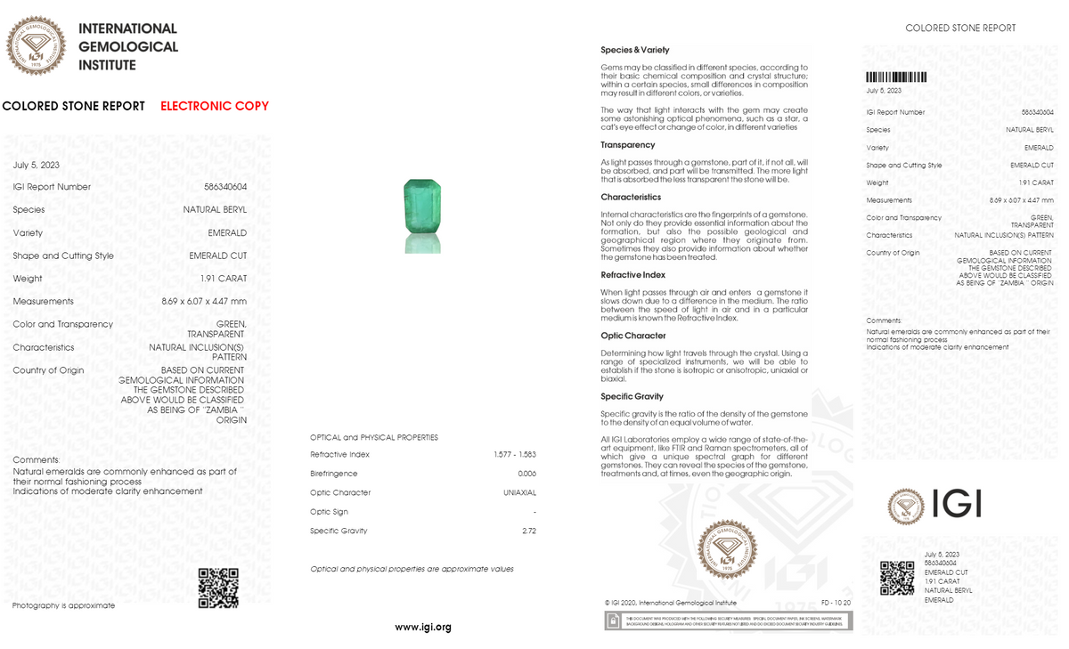Zambian Emerald (Panna) 1.91 Carats / 2.1 Ratti