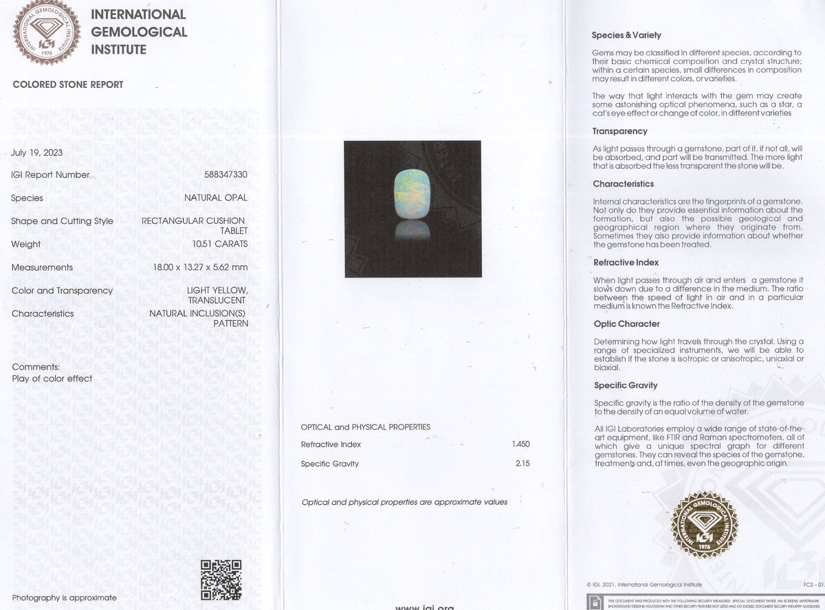 White Opal With Fire 10.51 Carats / 11.55 Ratti