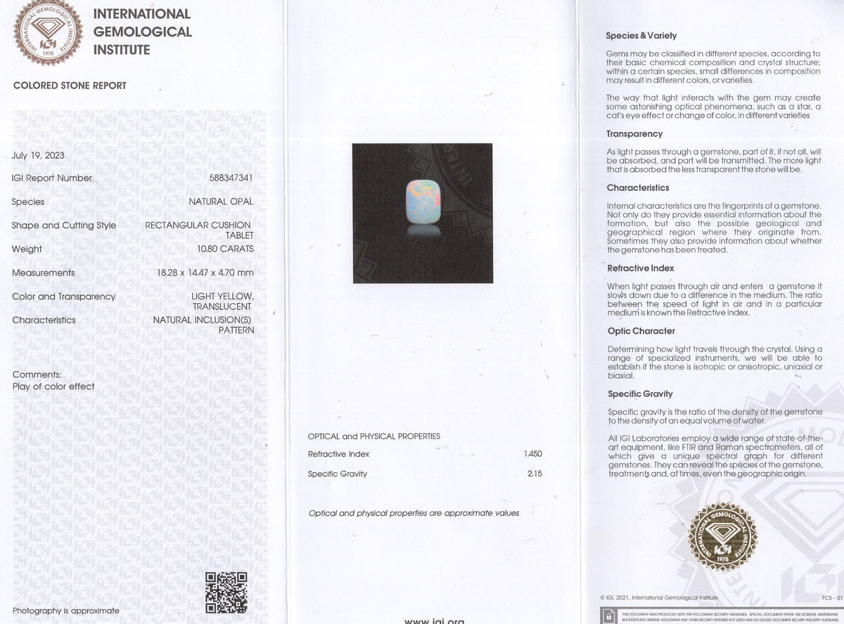 White Opal With Fire 10.80 Carats / 11.87 Ratti