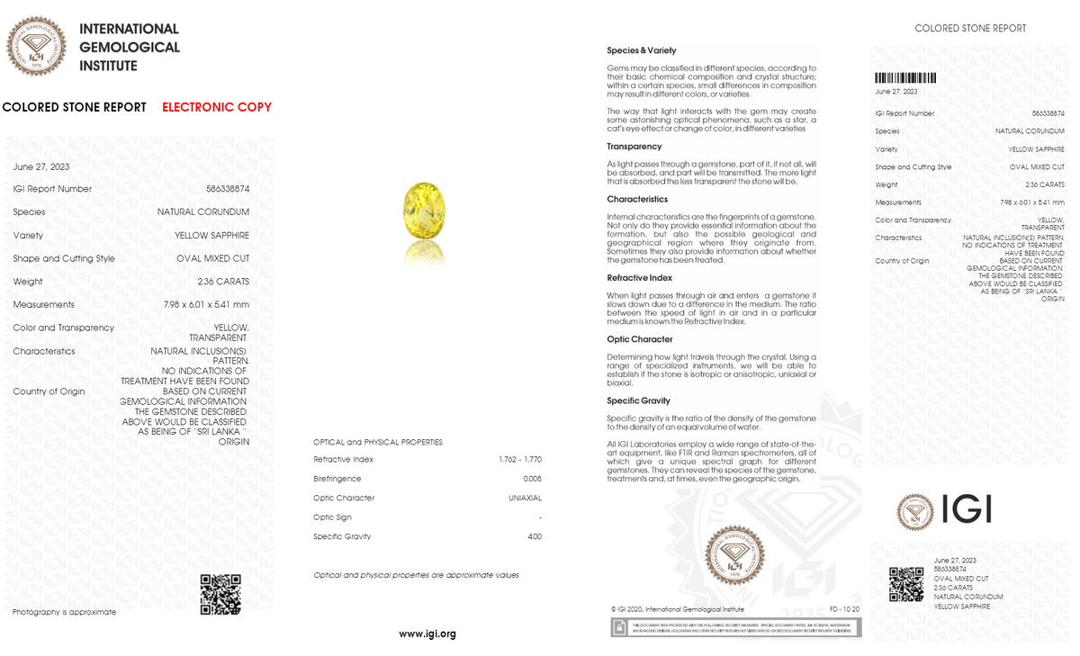 Natural Yellow Sapphire 2.31 Carats / 2.54 Ratti
