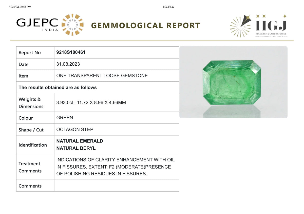Zambian Emerald (Panna) 3.93 Carats / 4.32 Ratti