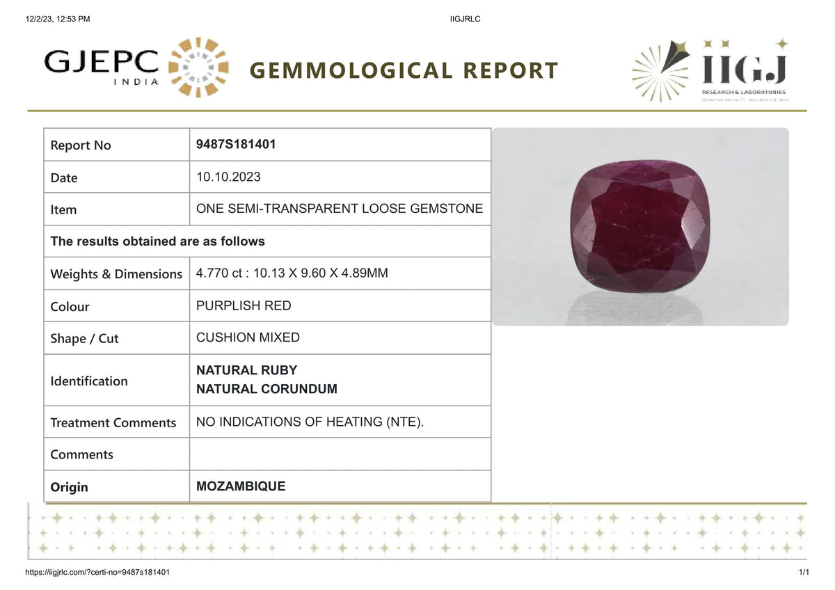 Mozambique Ruby (Manik) 4.77 Carats / 5.24 Ratti