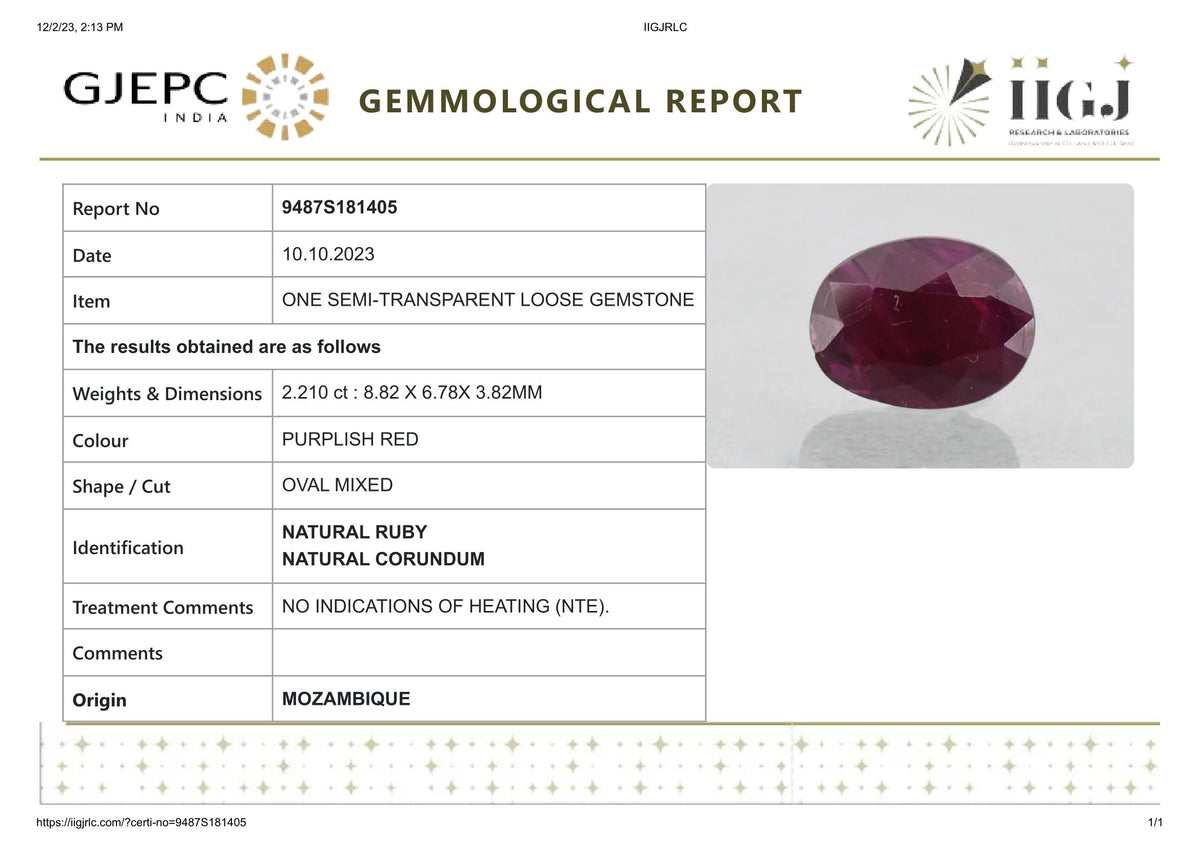 Mozambique Ruby (Manik) 2.21 Carats / 2.43 Ratti