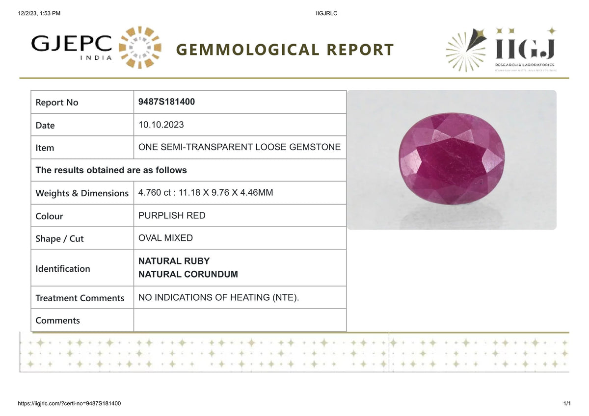 Natural Mozambique Ruby (Manik) 4.76 Carats / 5.23 Ratti