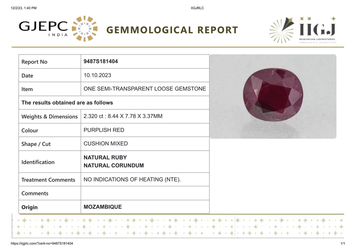 Mozambique Ruby (Manik) 2.32 Carats / 2.55 Ratti