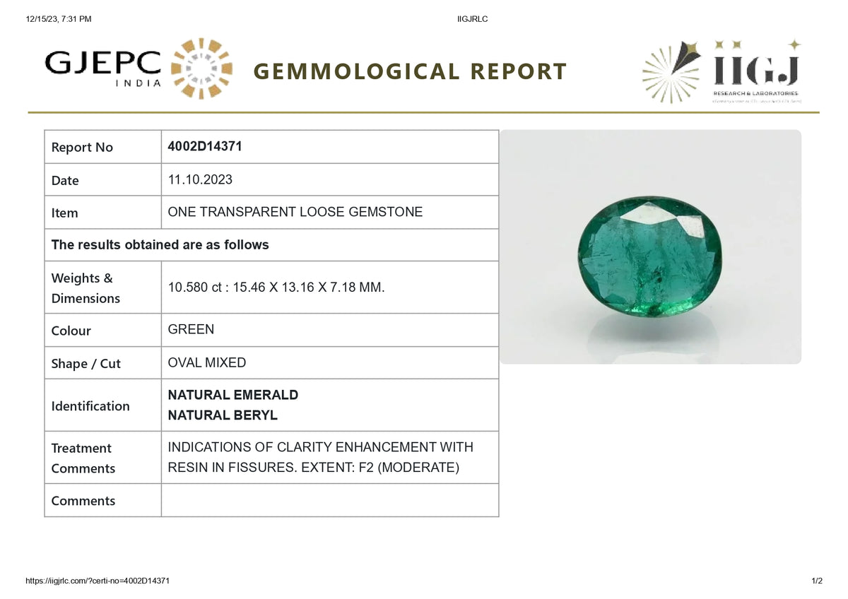 Zambian Emerald (Panna) 10.58 Carats / 11.63 Ratti