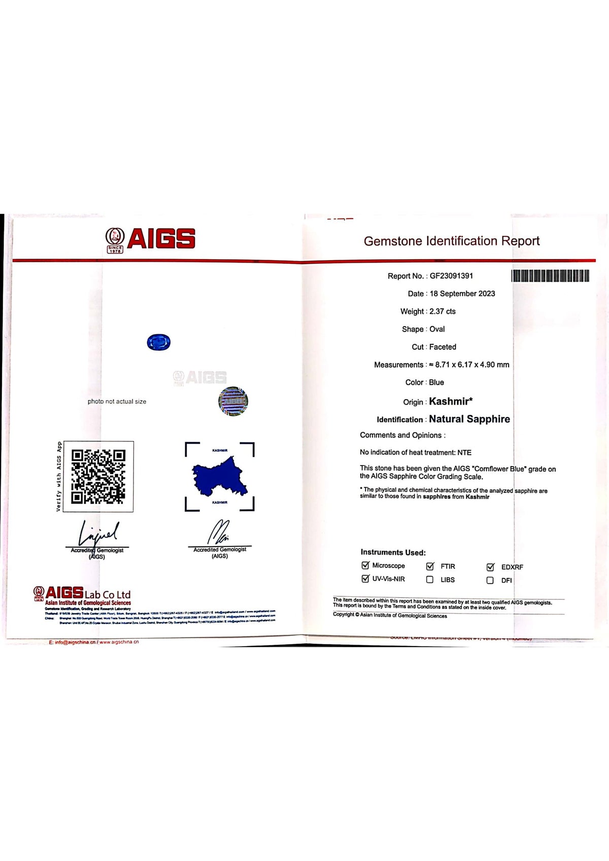 Kashmir Blue Sapphire (Neelam) 2.37 Carats / 2.6 Ratti