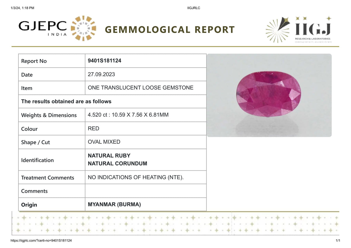 Burmese Ruby (Manik) 4.52 Carats / 4.97 Ratti