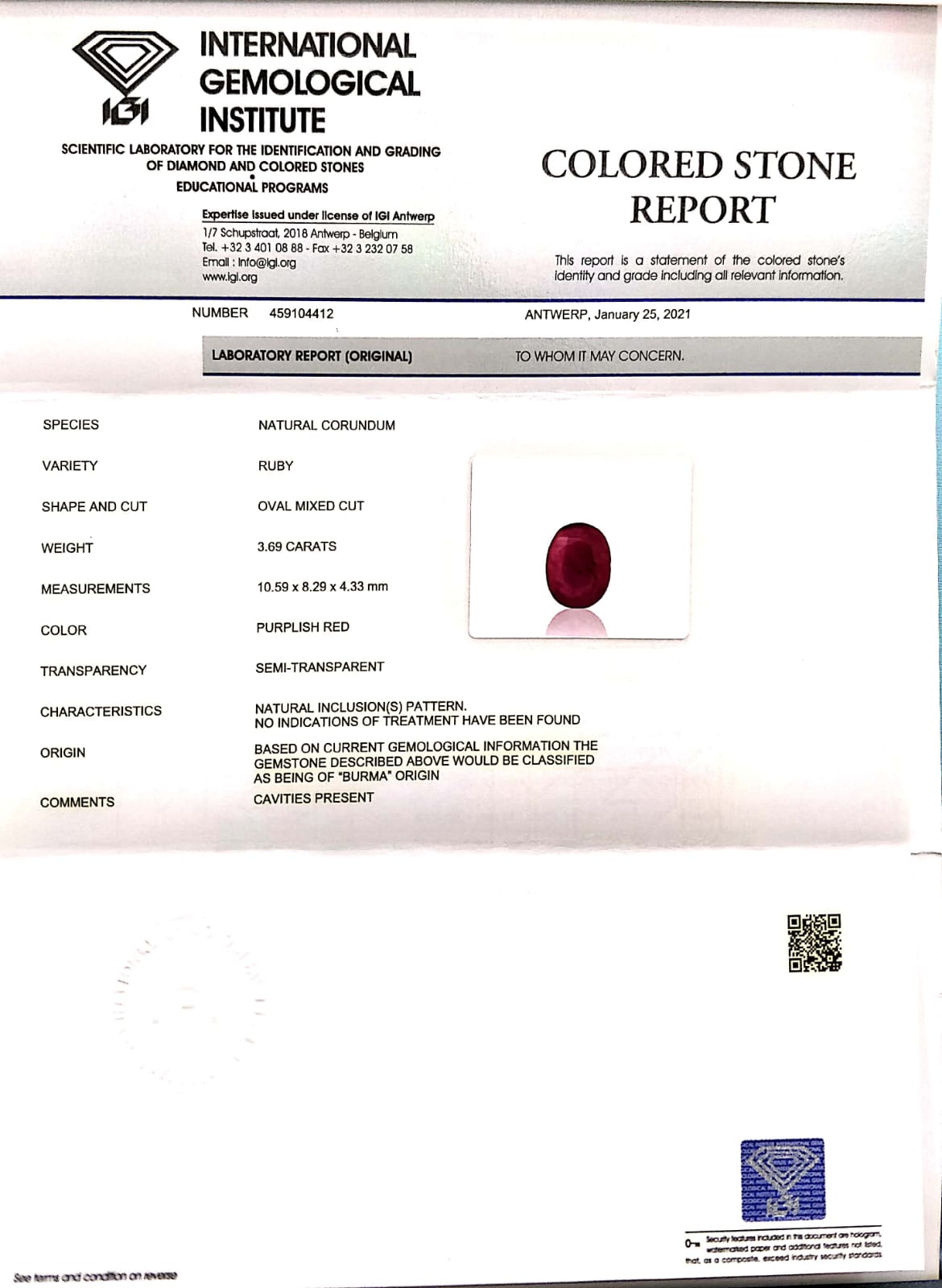 Burmese Ruby (Manik) 3.69 Carats / 4.05 Ratti