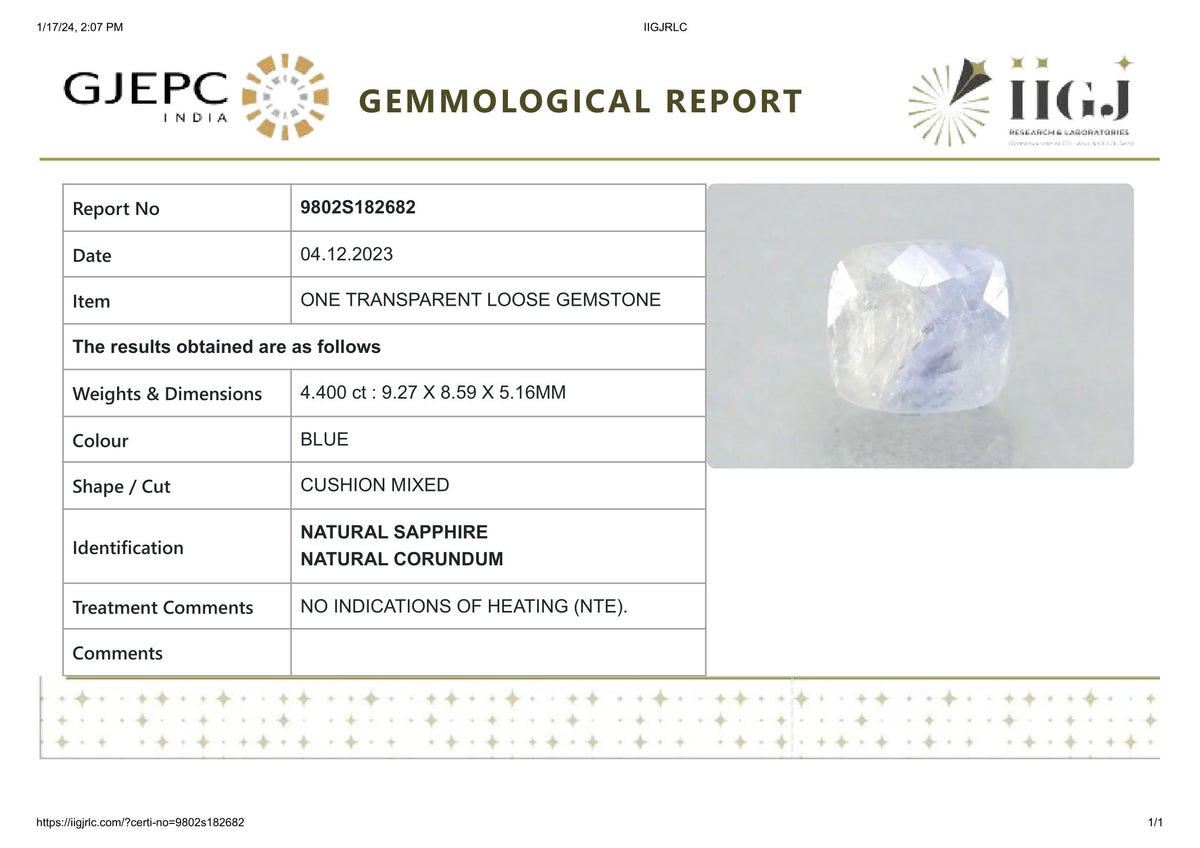 Natural Blue Sapphire 4.40 Carats / 4.84 Ratti