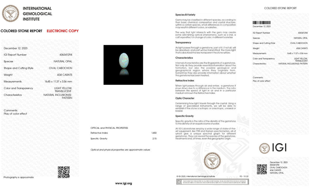 White Opal With Fire 4.04 Carats / 4.44 Ratti