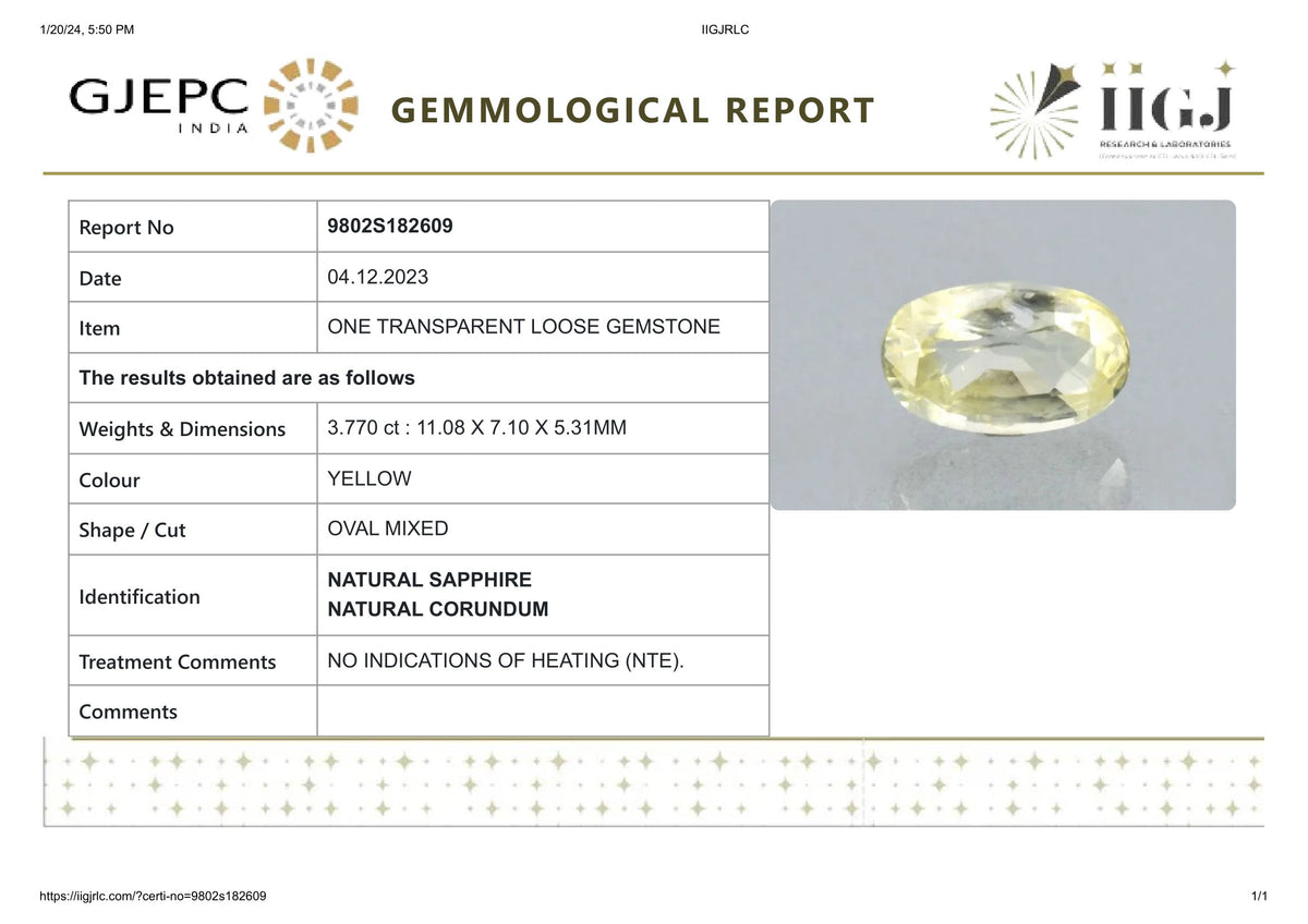 Natural Yellow Sapphire 3.77 Carats / 4.14 Ratti