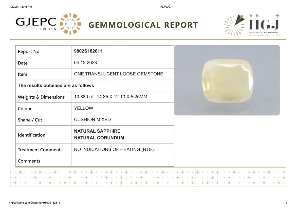 Natural Yellow Sapphire 10.88 Carats / 11.96 Ratti
