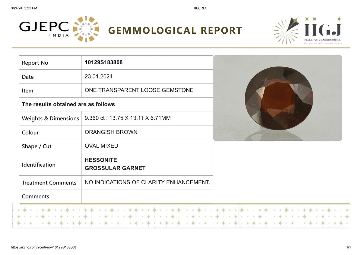 Sri-Lankan Hessonite (Gomed) 9.36 Carats / 10.29 Ratti