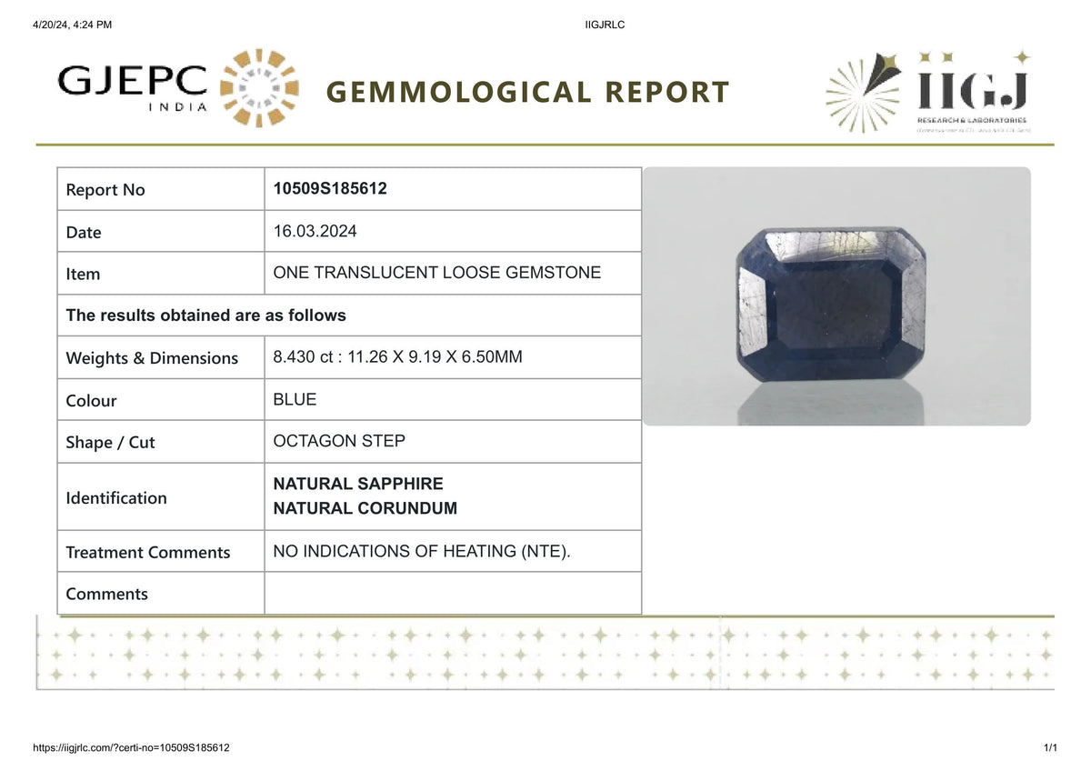 Natural Blue Sapphire 8.43 Carats / 9.26 Ratti