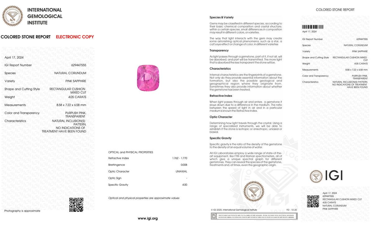Natural Pink Sapphire 4.05 Carats / 4.45 Ratti