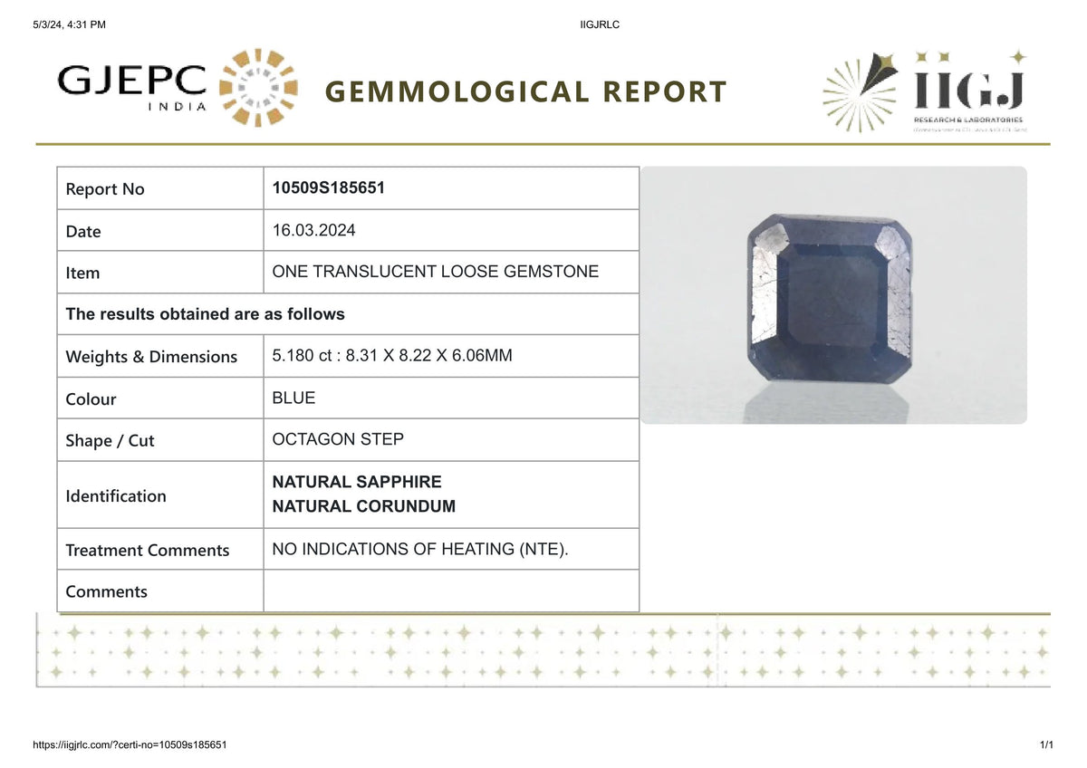 Natural Blue Sapphire 5.18 Carats / 5.69 Ratti