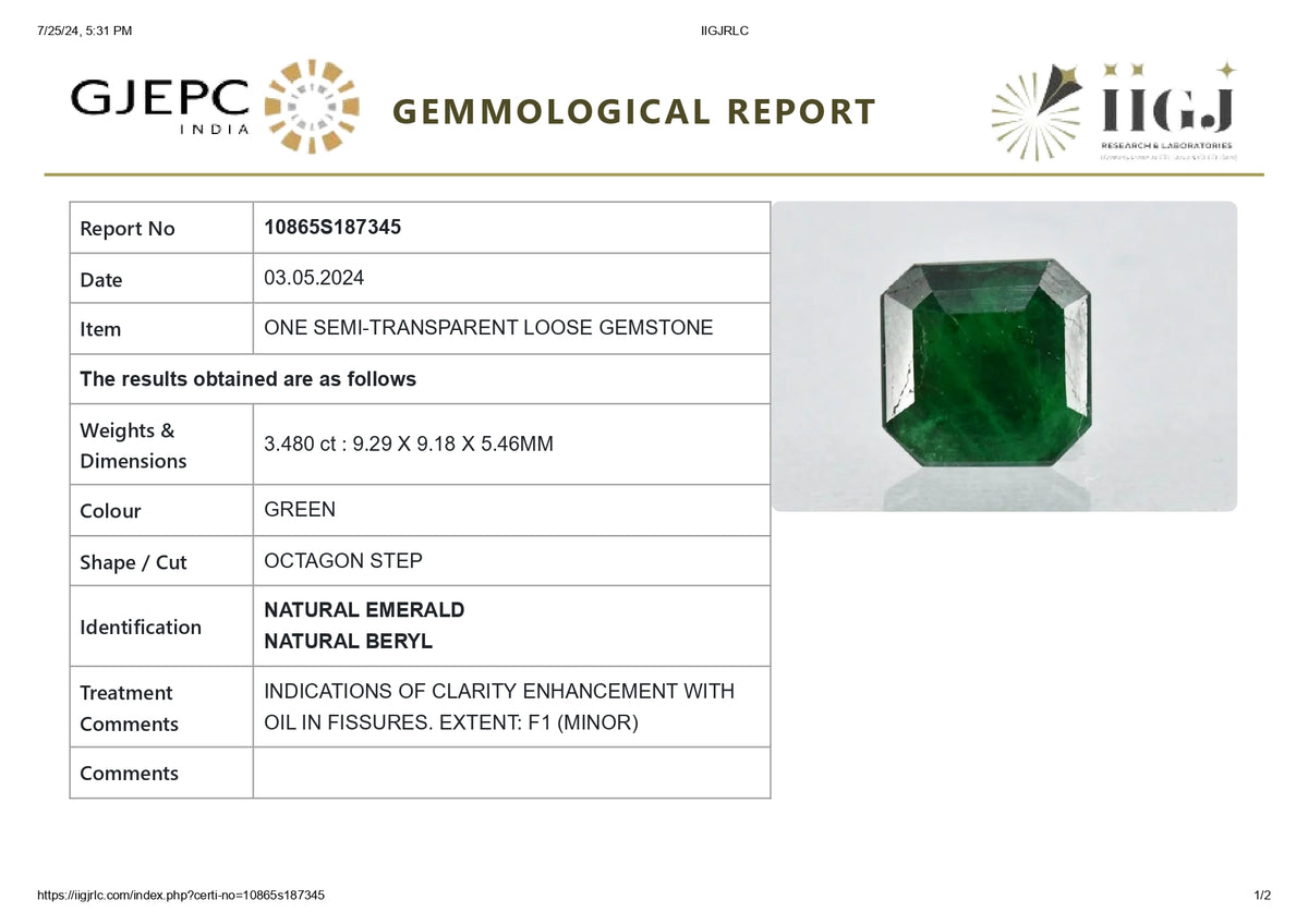 Minor Oil Zambian Emerald 3.48 Carats / 3.82 Ratti