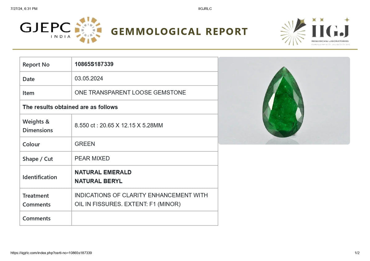 Minor Oil Zambian Emerald 8.55 Carats / 9.4 Ratti