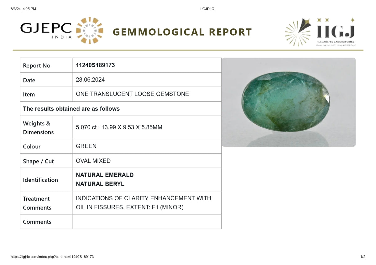 Minor Oil Zambian Emerald 5.07 Carats / 5.57 Ratti