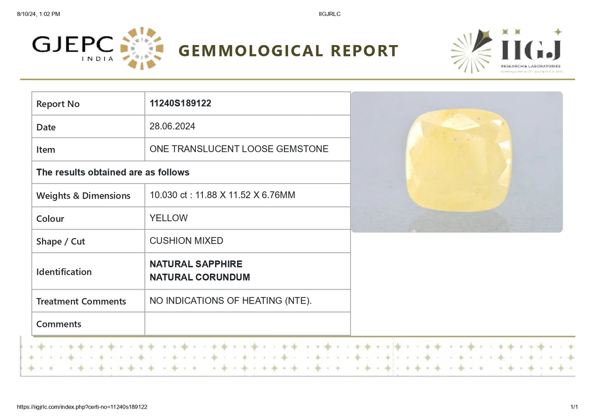 Natural Yellow Sapphire 10.03 Carats / 11.02 Ratti
