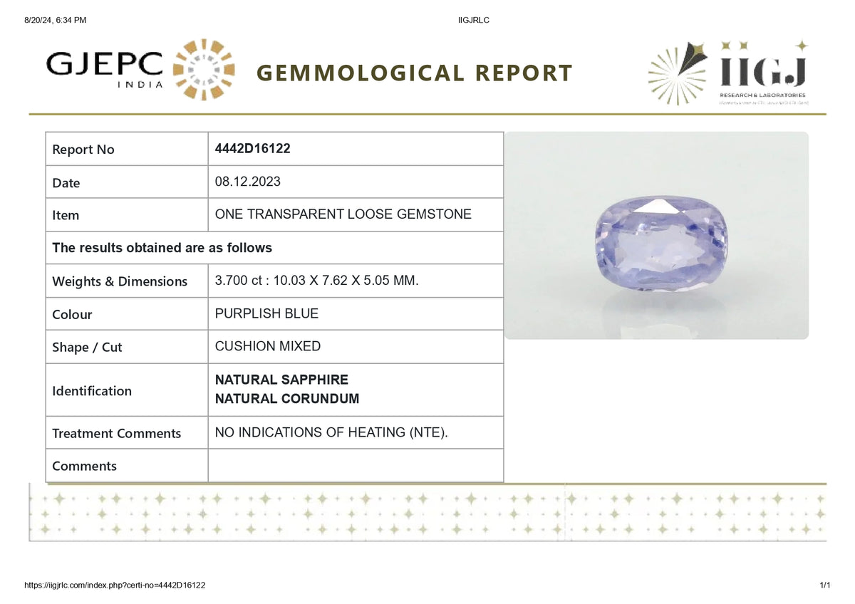 Natural Blue Sapphire 3.70 Carats / 4.07 Ratti