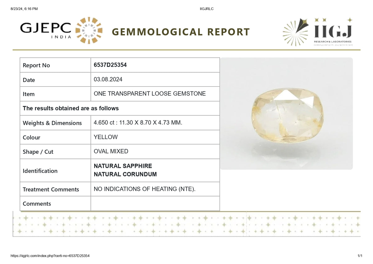 Natural Yellow Sapphire 4.65 Carats / 5.11 Ratti