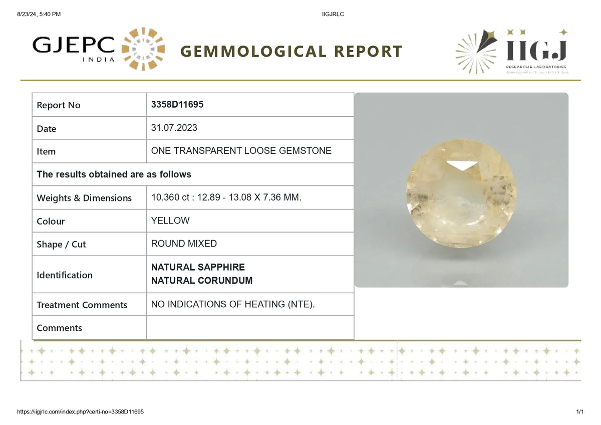Natural Yellow Sapphire 10.36 Carats / 11.38 Ratti
