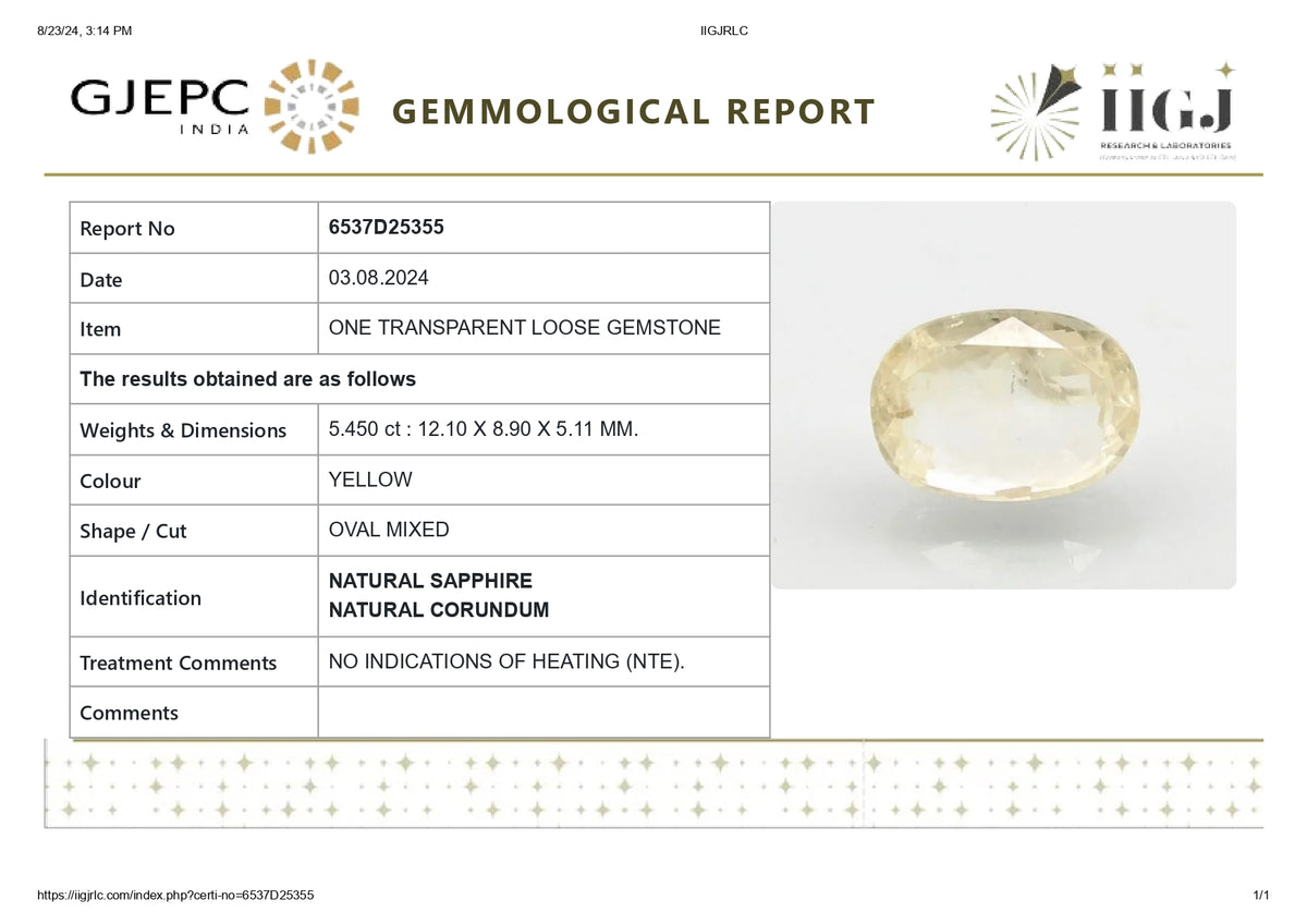 Natural Yellow Sapphire 5.45 Carats / 5.99 Ratti