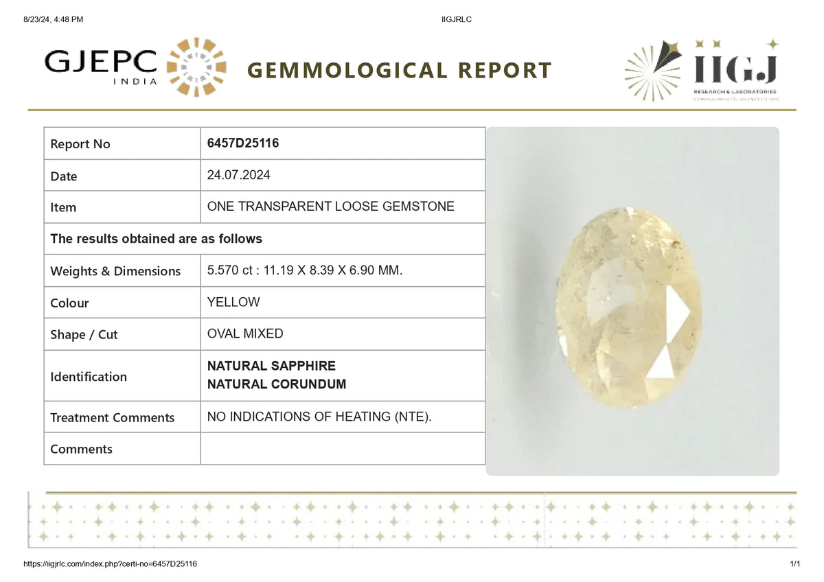 Natural Yellow Sapphire 5.57 Carats / 6.12 Ratti